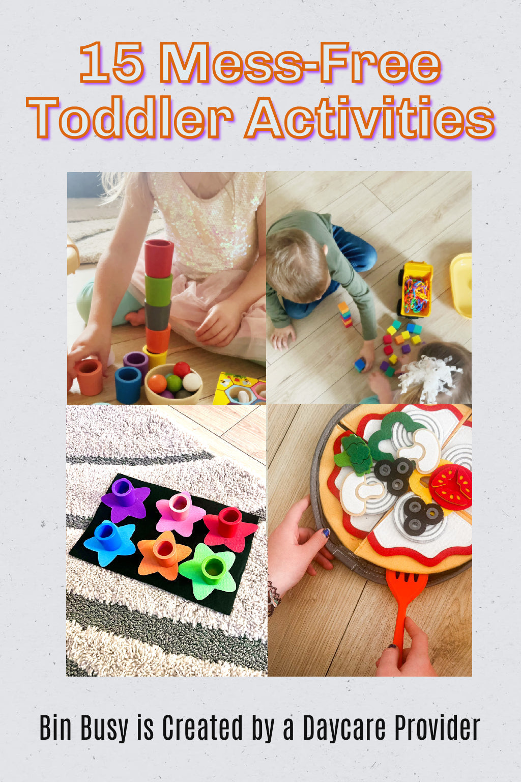 Pictures of kid playing with busy bin toys.