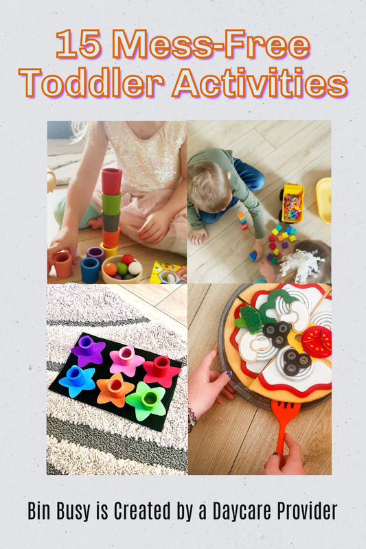 Pictures of kid playing with busy bin toys.