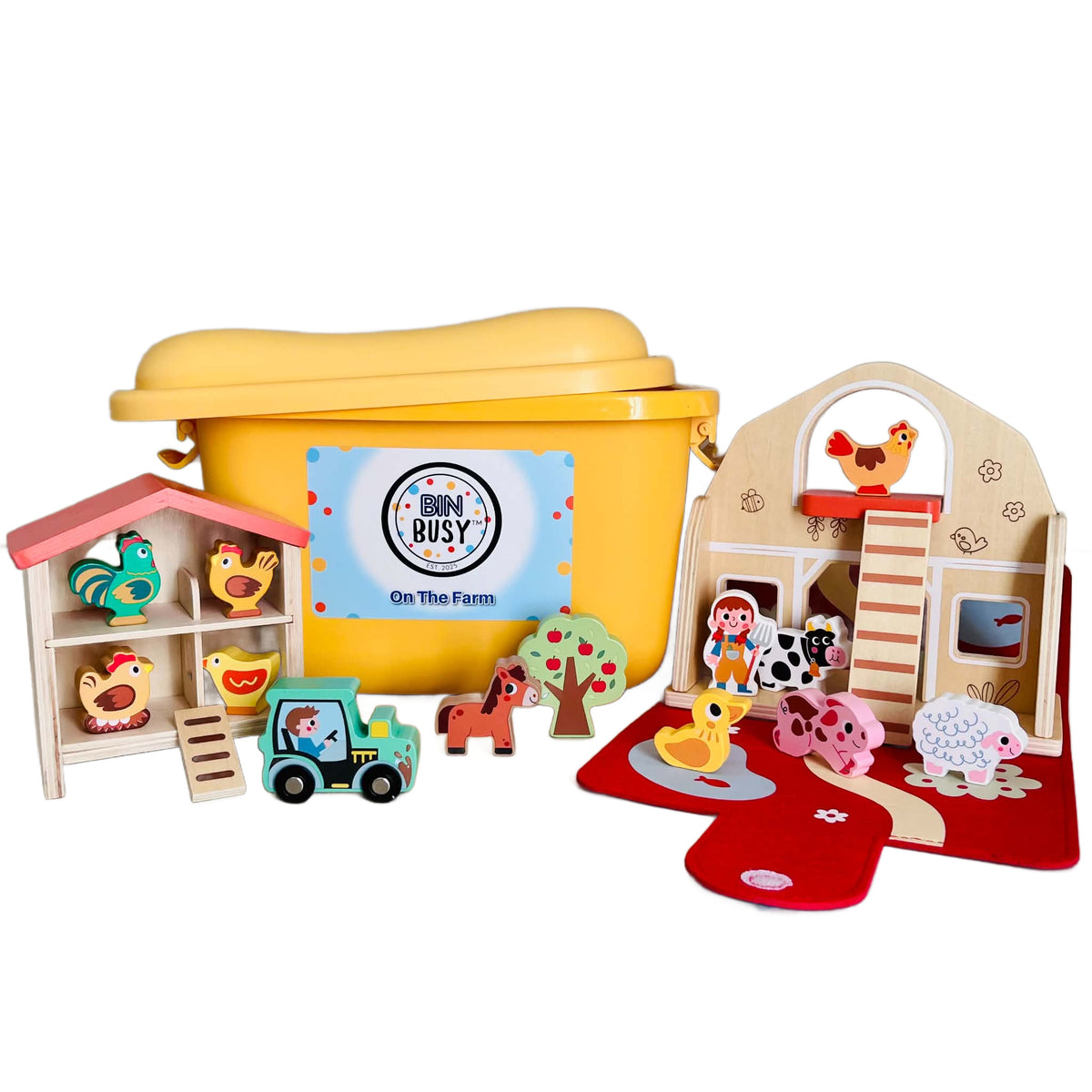Yellow Bin with Wooden toy barn, farm animals, tractor, and chicken coop.