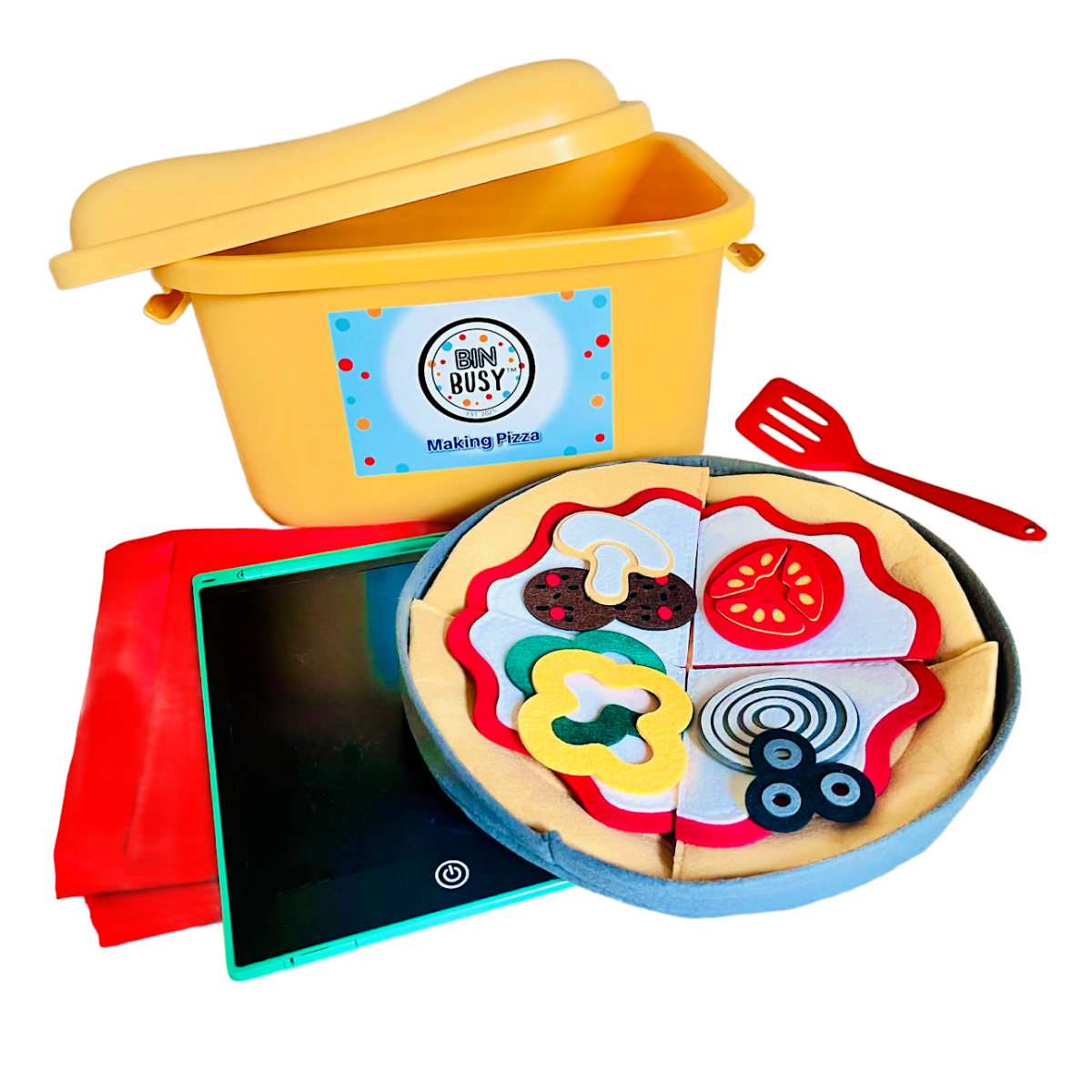 Toy pizza set with a yellow bucket, tablet, and red spatula on a white background