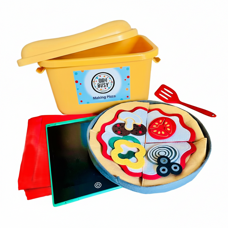 Toy pizza set with a yellow bucket, tablet, and red spatula on a white background